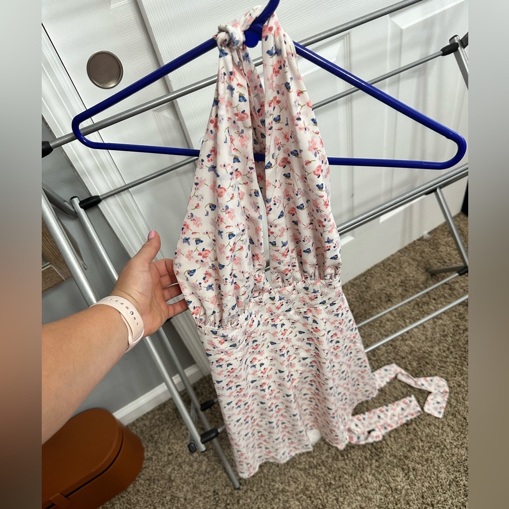 Lulu's Cream Halter Dress with Pink & Blue Floral Print